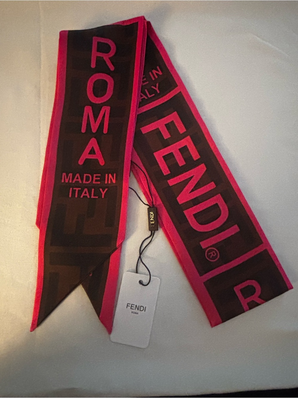Fendi Brown Silk Scarf with Pink Logo Trim